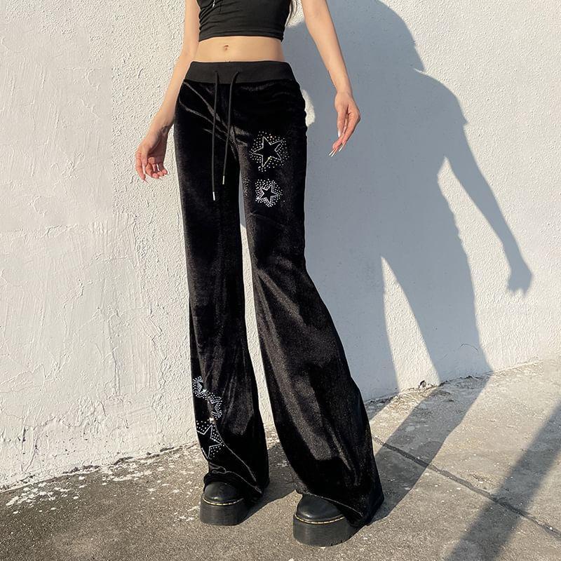 Drawstring Waist Rhinestone Flared Sweatpants Product Image