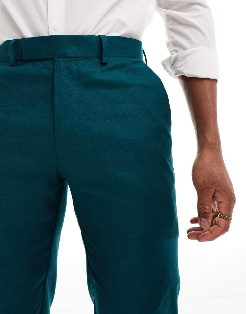 ASOS DESIGN slim linen mix suit pants in teal green Product Image