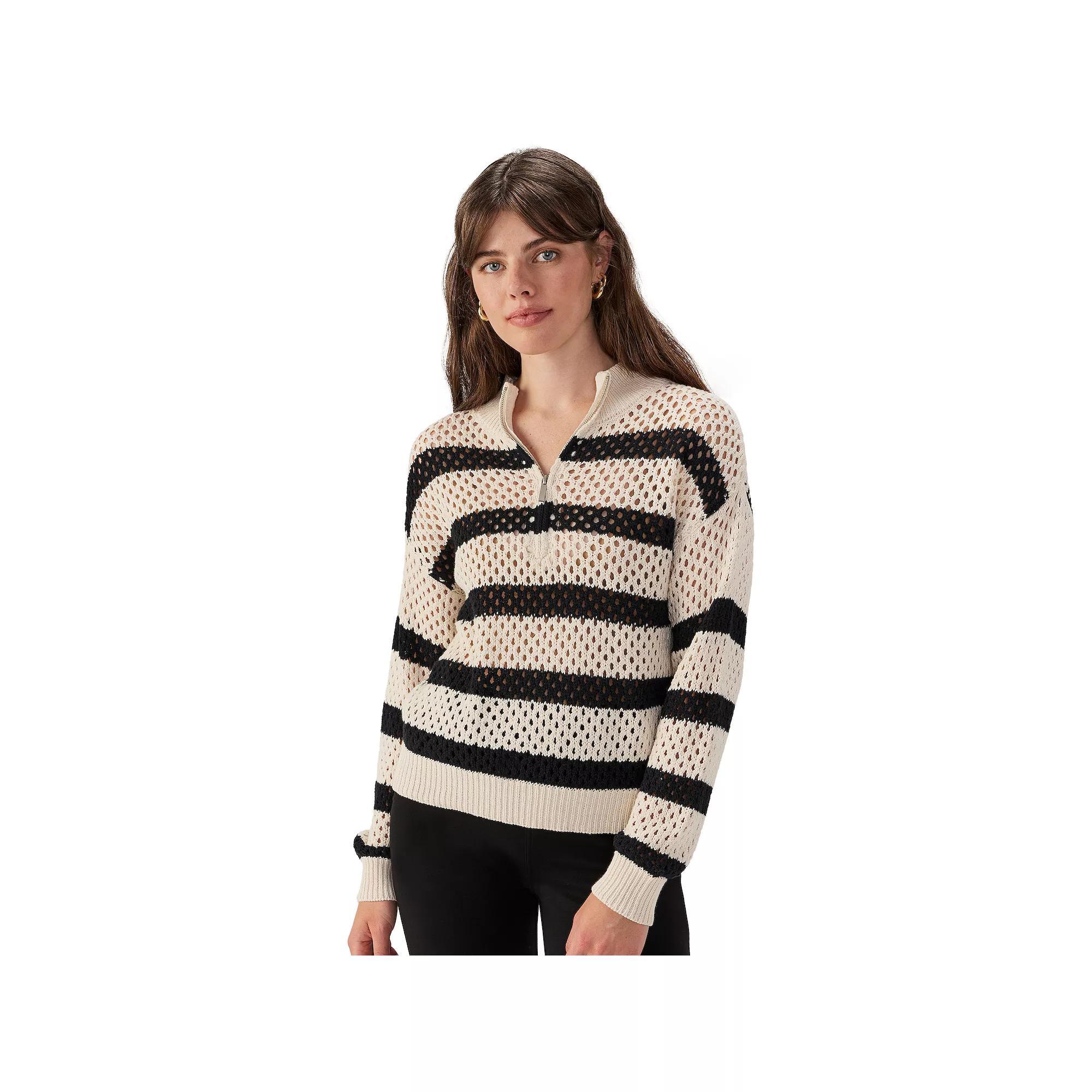 Women's Modern Supply By Sanctuary Half-Zip Sporty Open Work Sweater, Size: XL, Black Natural Stripe Product Image