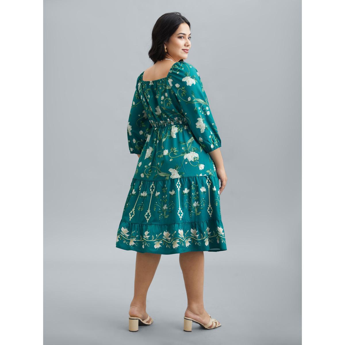 Plus Size Floral Print Lantern Sleeve Tiered Midi Dress Emerald Women Elegant Tie knot Heart neckline Elbow-length sleeve Curvy BloomChic 12/L Product Image