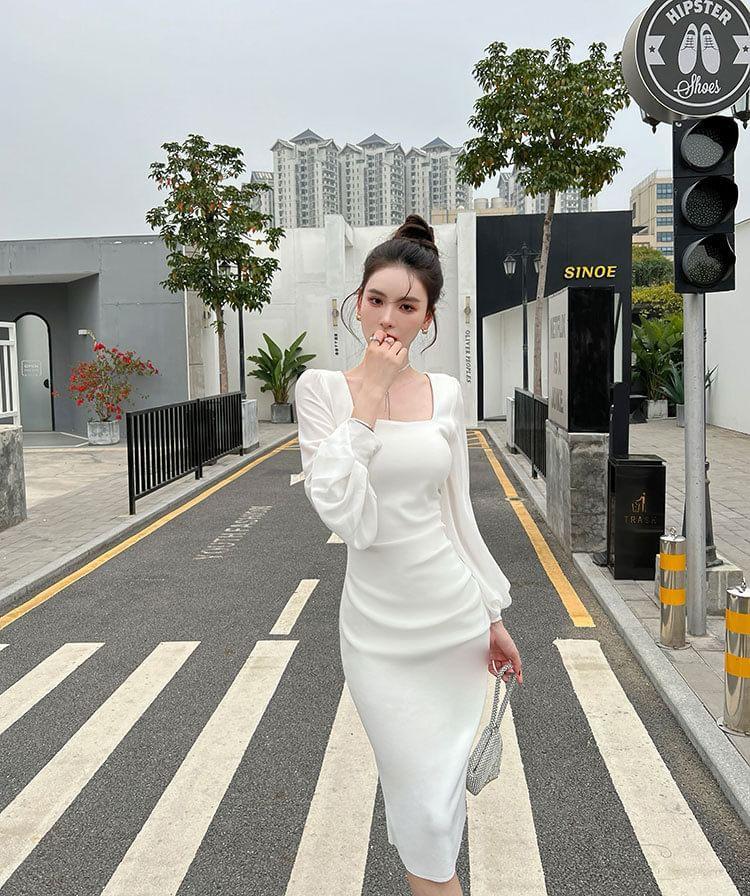 Long-Sleeve Square Neck Plain Ruched Midi Sheath Dress Product Image
