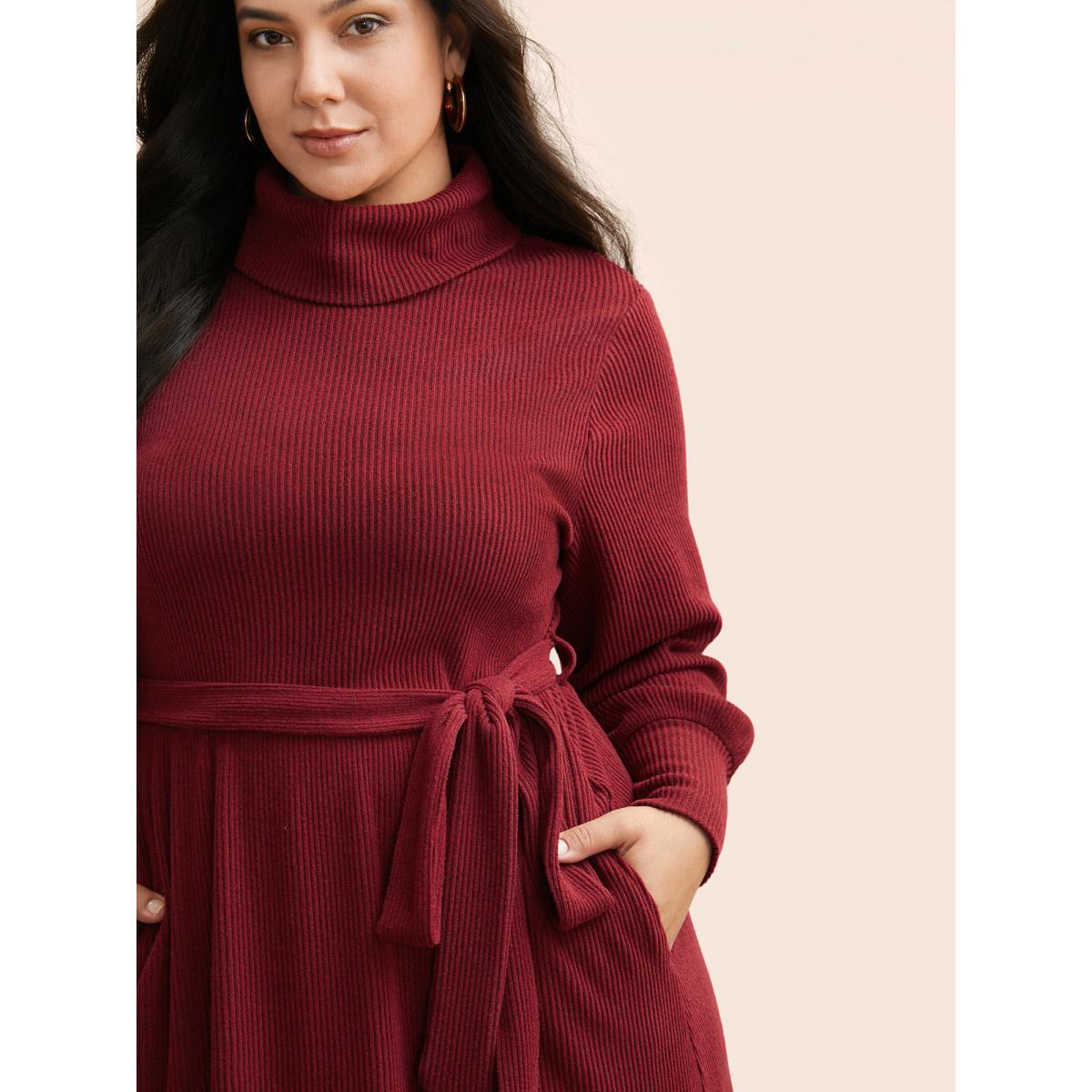 Plus Size Turtleneck Belted High Stretch Knit Dress Burgundy Women Casual Texture Knit Dresses Bloomchic 22-24/3X Product Image