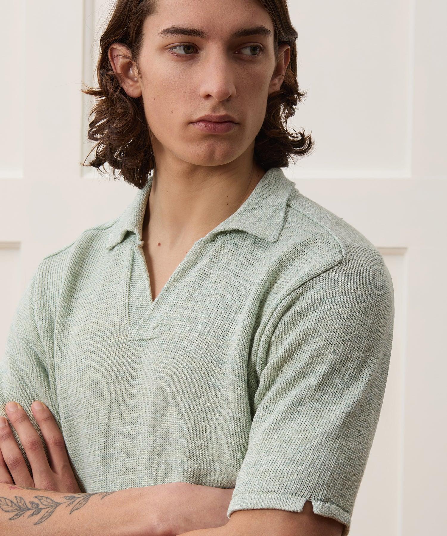 Inis Meáin Washed Linen Henley Polo in Green Marl Product Image