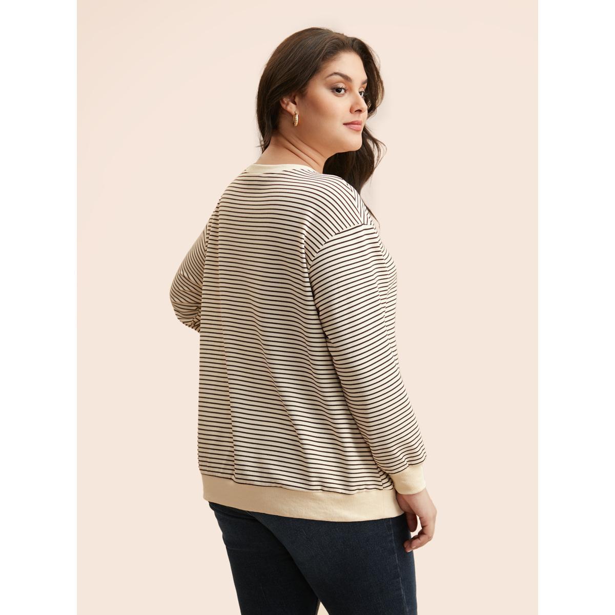 Plus Size Round Neck Striped Stitch Sweatshirt Women DarkBrown Casual Texture Round Neck Everyday Sweatshirts BloomChic 22-24/3X Product Image