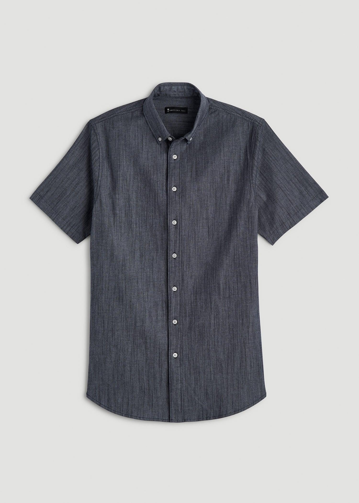 Short Sleeve Stretch Chambray Shirt for Tall Men in Dark Blue Chambray Product Image