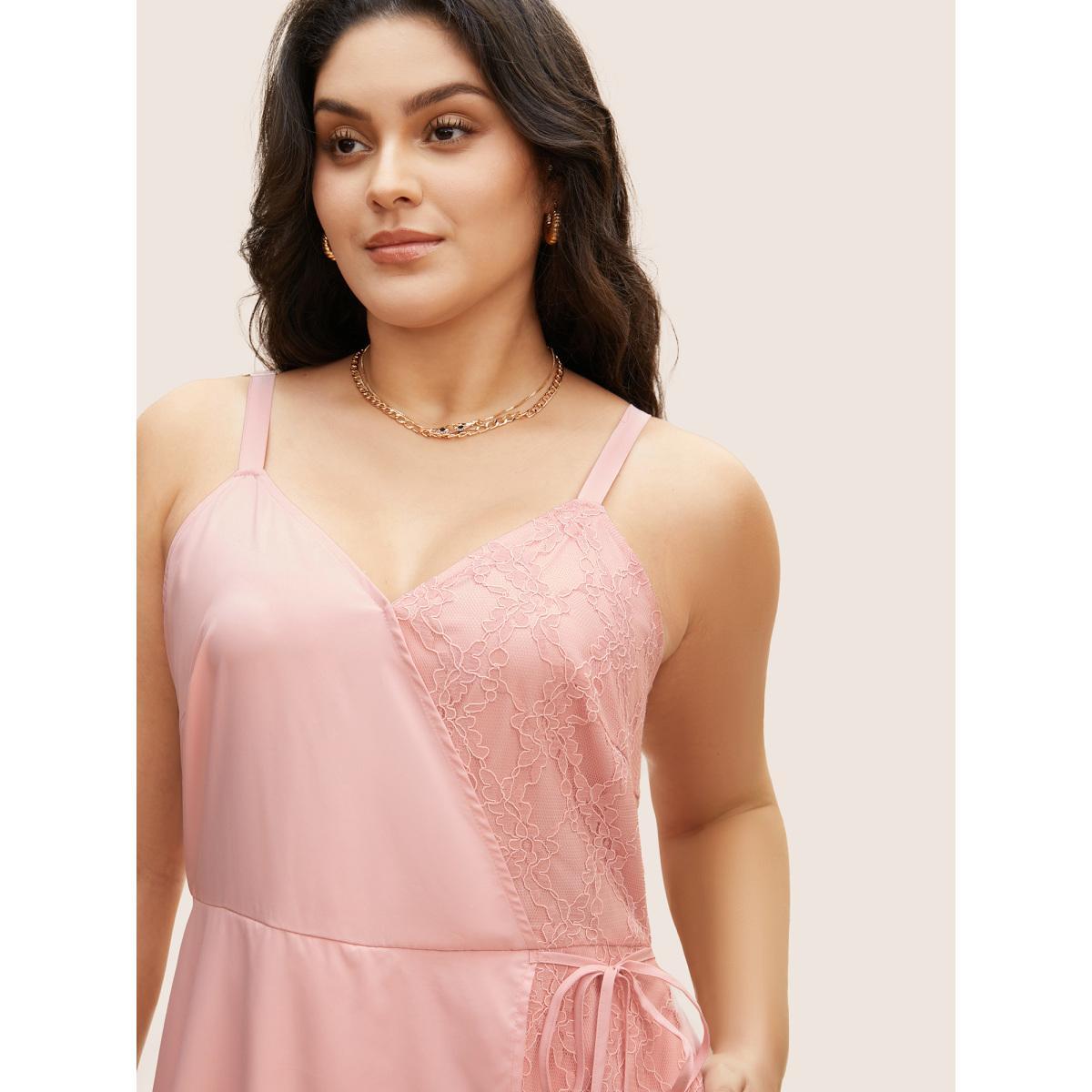 Plus Size Solid Lace Patchwork Tie Knot Midi Dress Blush Women Elegant Woven ribbon&lace trim V-neck Sleeveless Curvy BloomChic 26/4X Product Image