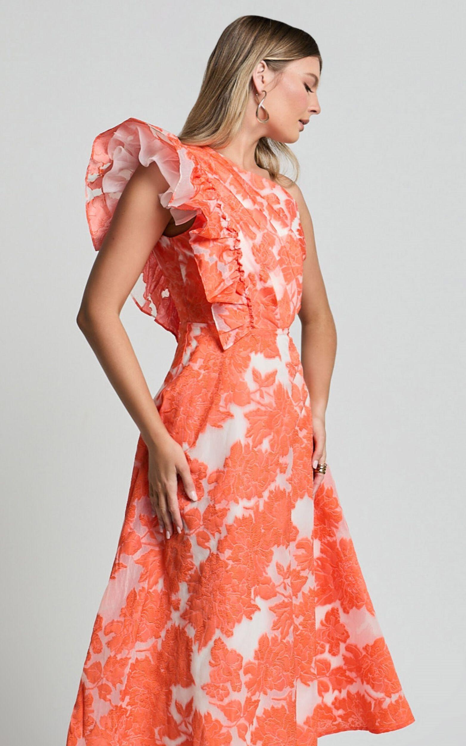 Alfreda Midi Dress - One Shoulder Ruffle Detail Brailey Jacquard Dress in Orange Jacquard Product Image