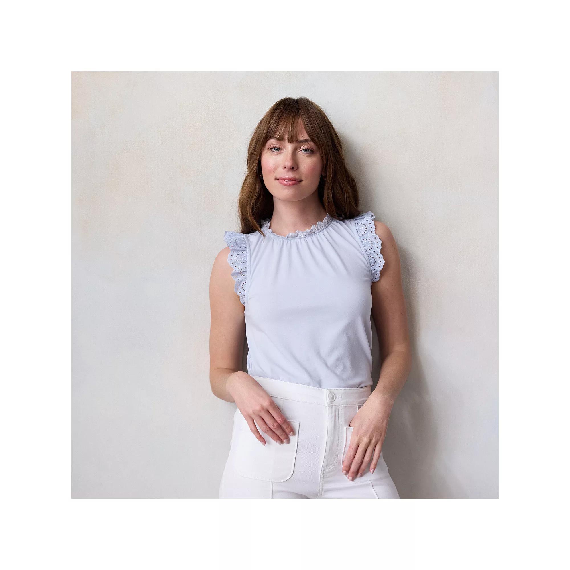 Women's LC Lauren Conrad Lace Ruffle Sleeve Crewneck Tank Top, Size: Large, Cool Daisy Product Image