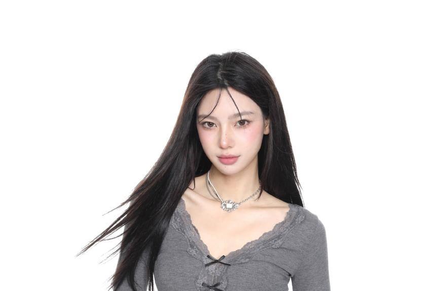Long Sleeve V-Neck Lace-Trim Bow Accent Slim-Fit Top Product Image
