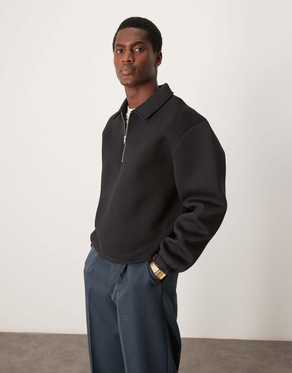 ASOS DESIGN oversized boxy quarter zip rugby scuba sweatshirt in black Product Image
