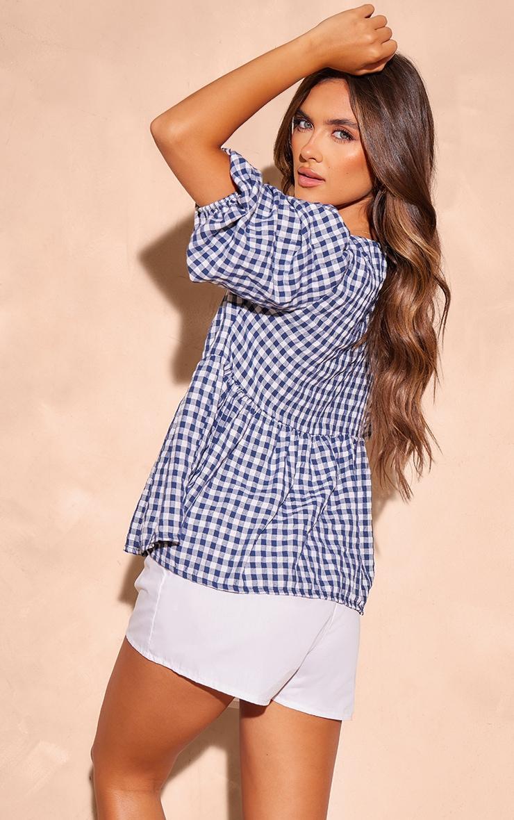 Navy Gigham Tie Front Puffsleeve Blouse Product Image