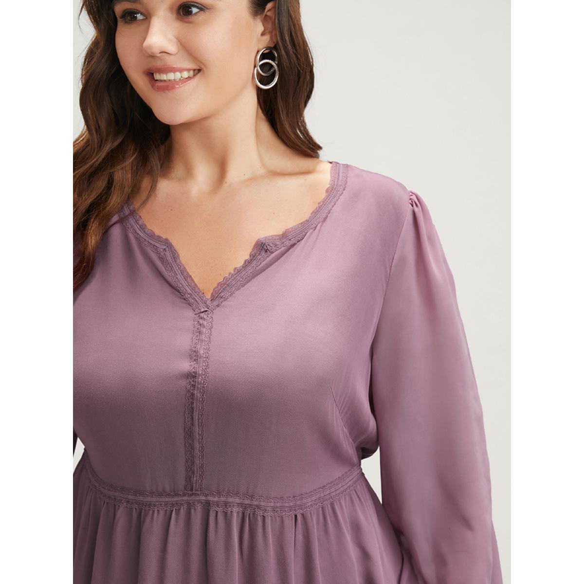 Plus Size DustyPink Solid Crochet Lace Lantern Sleeve Flutter Blouse Women Elegant Long Sleeve Notched collar Dailywear Blouses BloomChic 14-16/1X Product Image