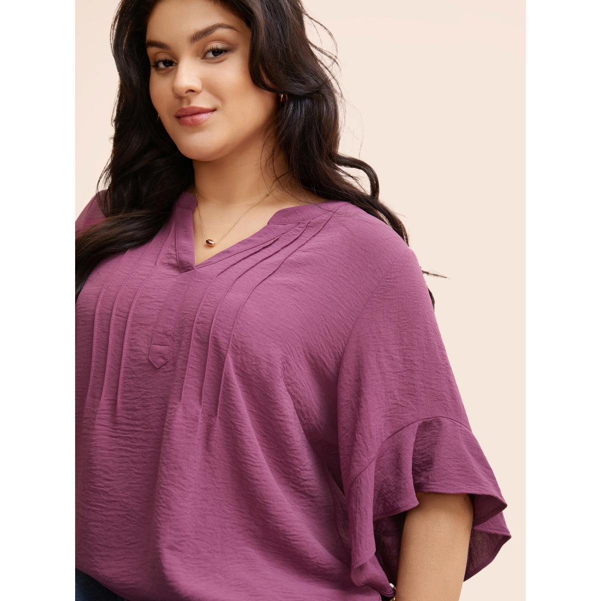 Plus Size Mauve Notched Pleated Ruffles Split Hem Blouse Women Elegant Half Sleeve Flat collar with V-notch Everyday Blouses BloomChic 18-20/2X Product Image
