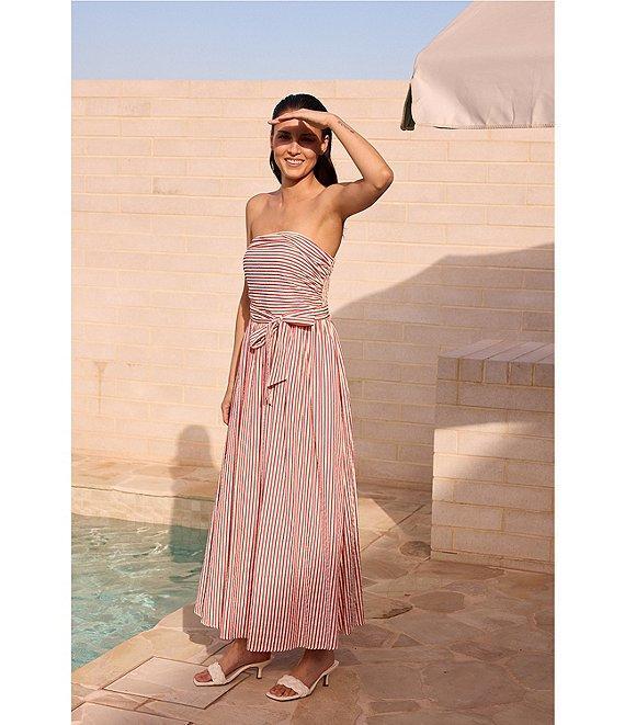Brave + True Avalon Gathered Shirred Strapless Sleeveless Striped Seersucker Belted Maxi Dress Product Image