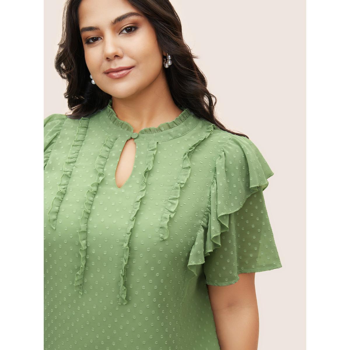 Plus Size Mint Texture Frill Trim Ruffle Sleeve Blouse Women Elegant Short sleeve Mock Neck Everyday Blouses BloomChic 30/6X Product Image