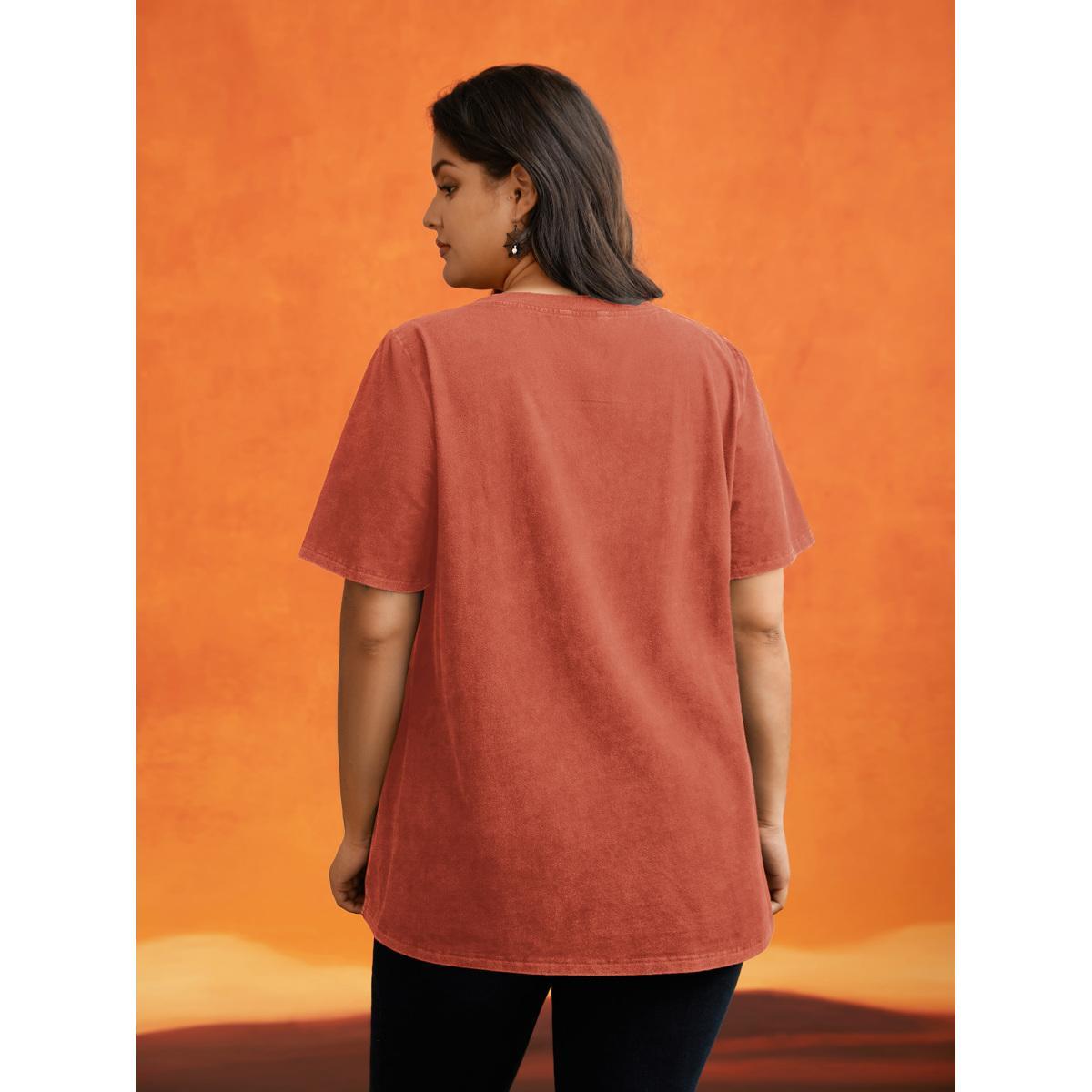 Plus Size Cotton Hide And Seek Washed Effect T-shirt Brightorange Women Casual Non Halloween Round Neck Everyday T-shirts BloomChic 18-20/2X Product Image