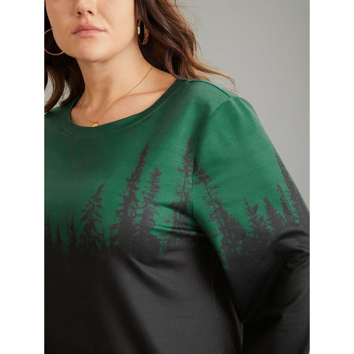 Plus Size Ombre Forest Contrast Crew Neck Sweatshirt Women DarkGreen Casual Printed Round Neck Dailywear Sweatshirts BloomChic 14-16/1X Product Image