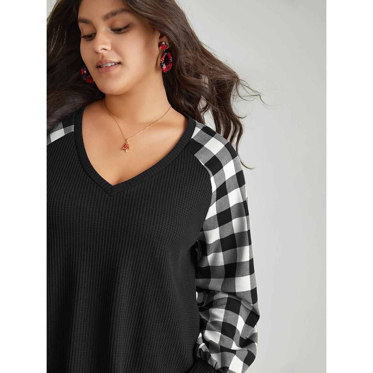 Plus Size Waffle Knit Plaid Patchwork Raglan Sleeve T-shirt BlackFlower Women Casual Waffle Knit Plaid V-neck Festival-Christmas T-shirts BloomChic 14-16/1X Product Image