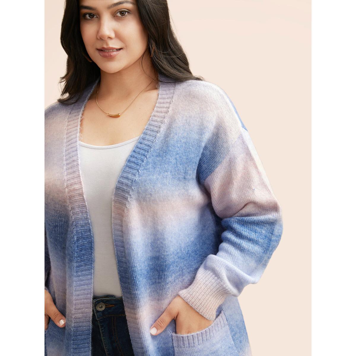 Plus Size Ombre Kimono Collar Patched Pocket Cardigan Multicolor Women Casual Loose Long Sleeve Everyday Cardigans BloomChic 10/M Product Image