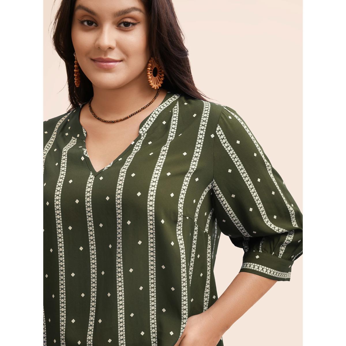 Plus Size ArmyGreen Striped Geometric Notched Gathered Blouse Women Resort Elbow-length sleeve Notched collar Vacation Blouses BloomChic 18-20/2X Product Image