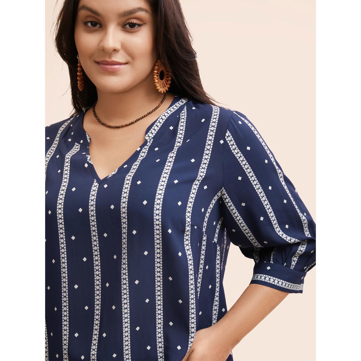Plus Size Indigo Striped Geometric Notched Gathered Blouse Women Resort Elbow-length sleeve Notched collar Vacation Blouses BloomChic 30/6X Product Image