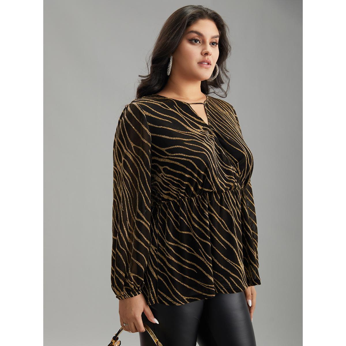 Plus Size Gold Glitter Striped Mesh Keyhole Lantern Sleeve Blouse Women Cocktail Long Sleeve Keyhole Cut-Out Party Blouses BloomChic 22-24/3X Product Image