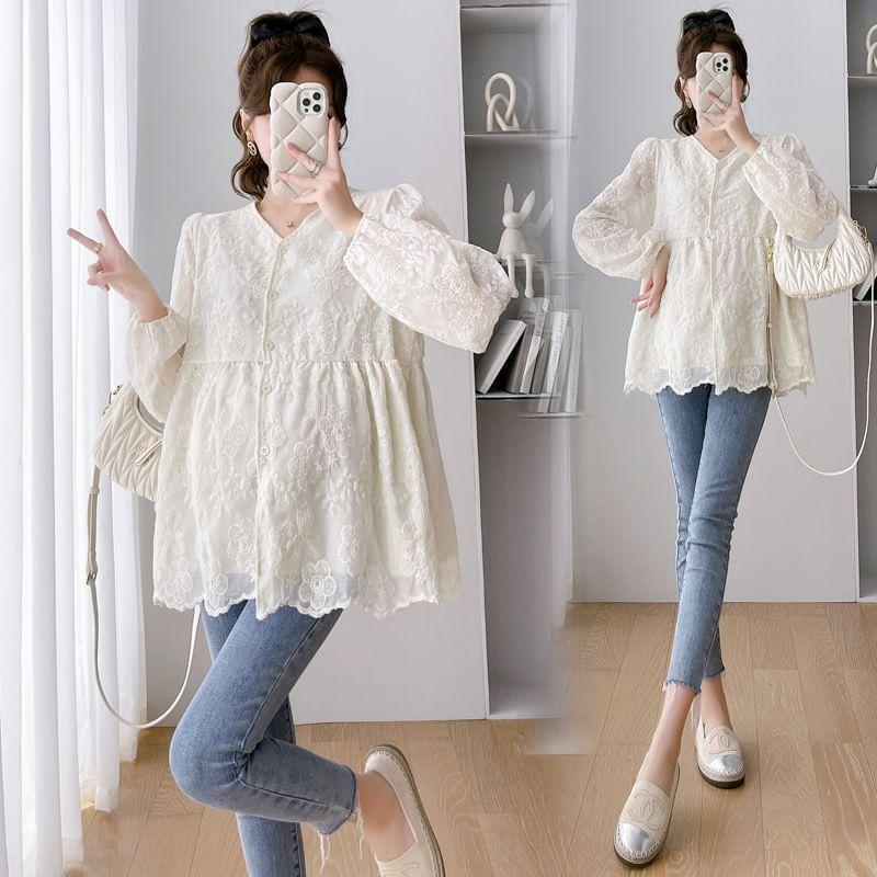 Maternity Long-Sleeve Lace Flowy Blouse Product Image