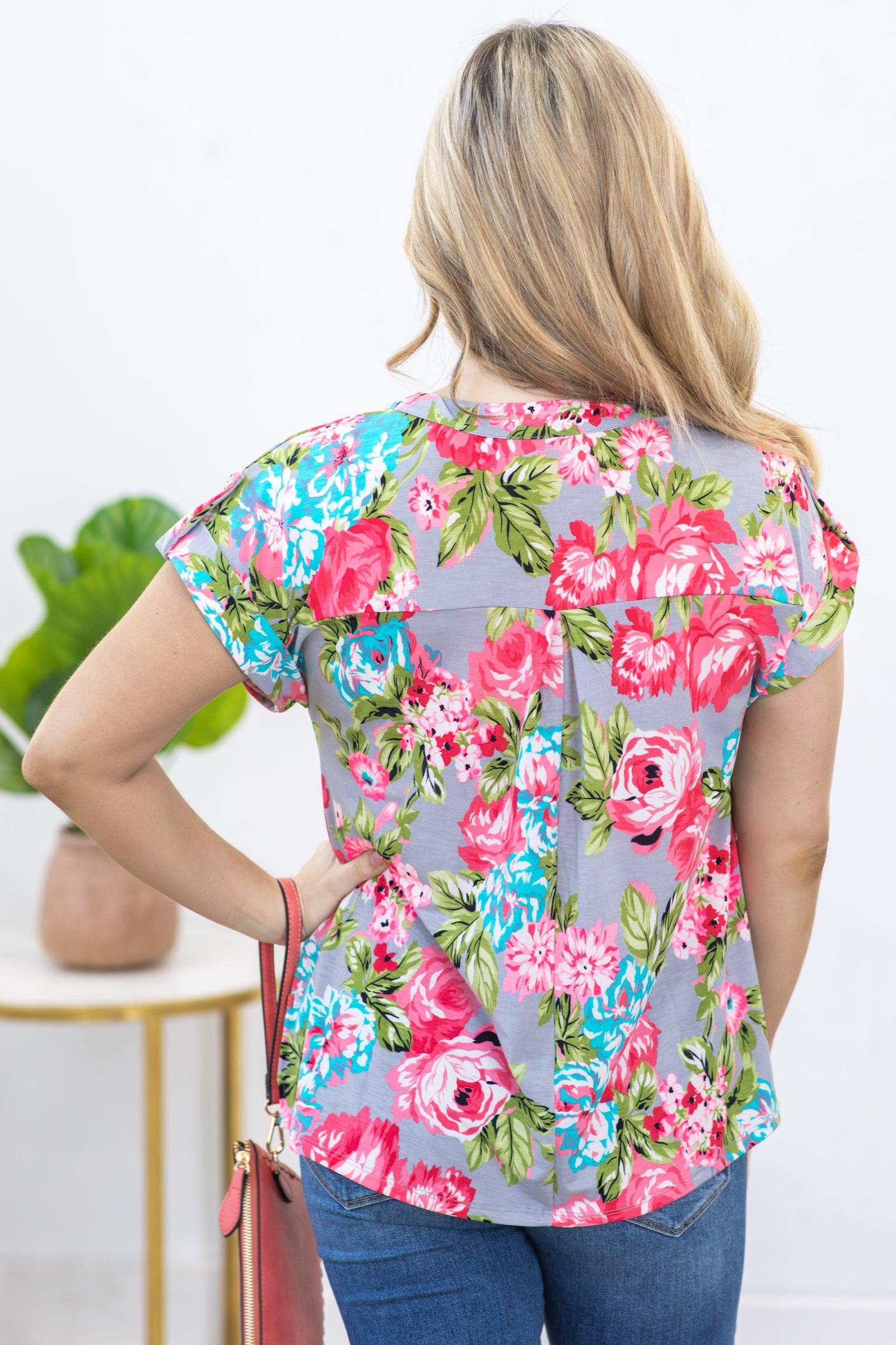 Grey Floral V-Neck Wrinkle Free Lizzy Top Product Image