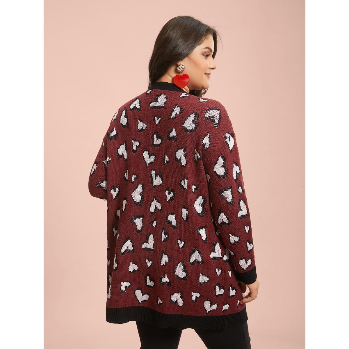 Plus Size Hearts All Over Open Front Contrast Cardigan Deepred Women Casual Loose Long Sleeve Everyday Cardigans BloomChic 12/L Product Image