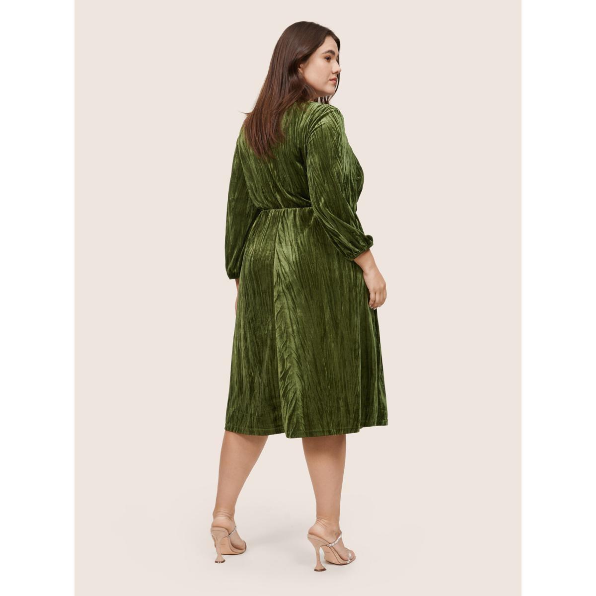 Plus Size Velvet Button Detail Notched Elastic Waist Dress ArmyGreen Women Elegant Velvet Notched collar Long Sleeve Curvy Midi Dress BloomChic 26/4X Product Image