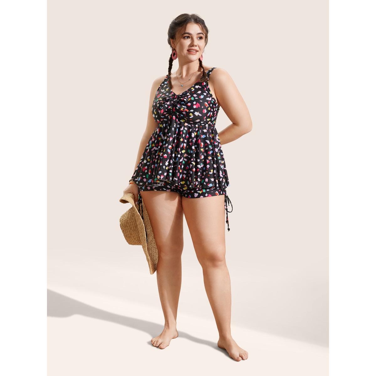 Plus Size Allover Print V Neck Gathered Swim Top Women's Swimwear Black Beach Gathered High stretch Bodycon V-neck Curve Swim Tops BloomChic 18-20/2X Product Image
