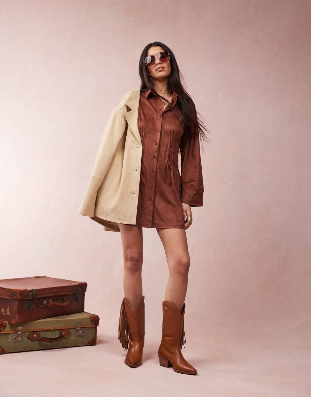 ASOS DESIGN suedette shirt mini dress with cinched pleat waist in chocolate Product Image