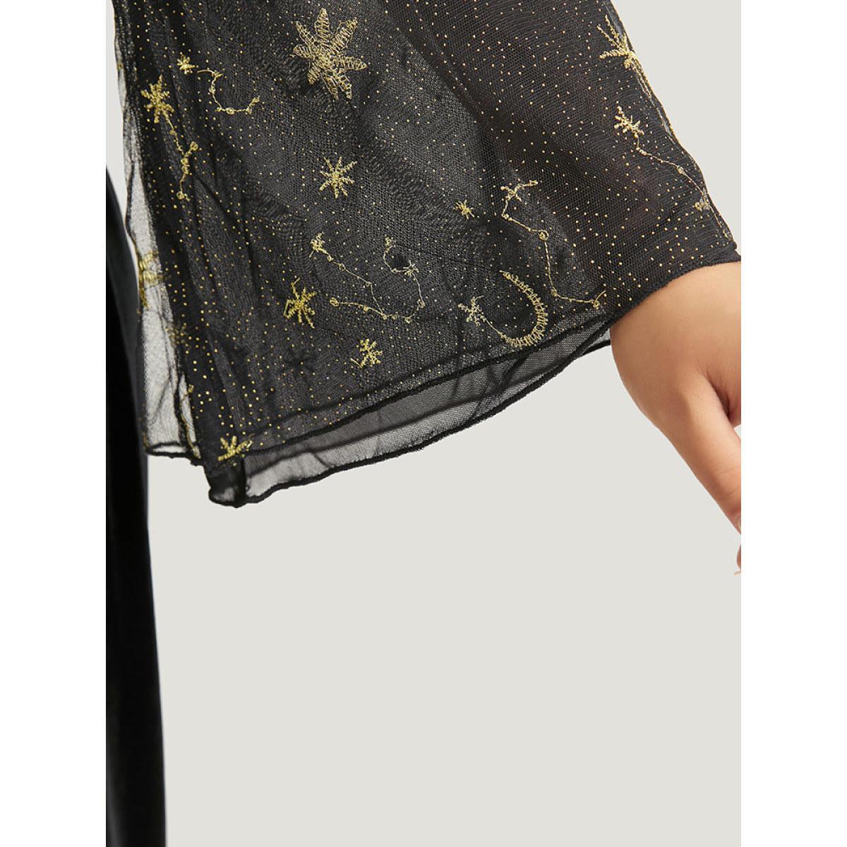 Plus Size Black Halloween Moon & Star Glitter Mesh Crisscross Neck Jumpsuit Women Elegant Long Sleeve Square Neck Festival-Halloween Loose Jumpsuits BloomChic 26/4X Product Image