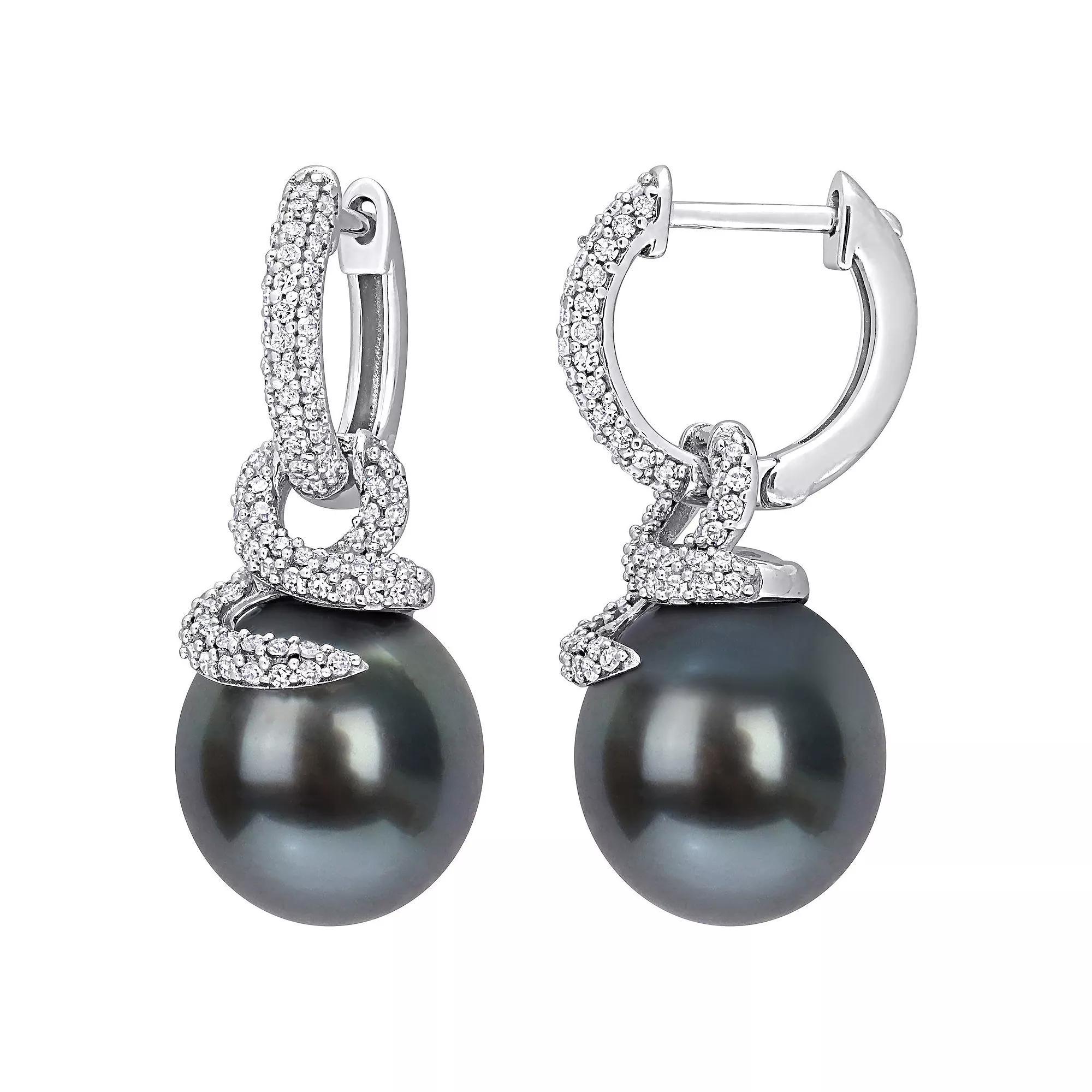 Stella Grace 14k White Gold Black Tahitian Cultured Pearl & 1/2 Carat T.W. Diamond Twisted Huggie Earrings, Women's Product Image