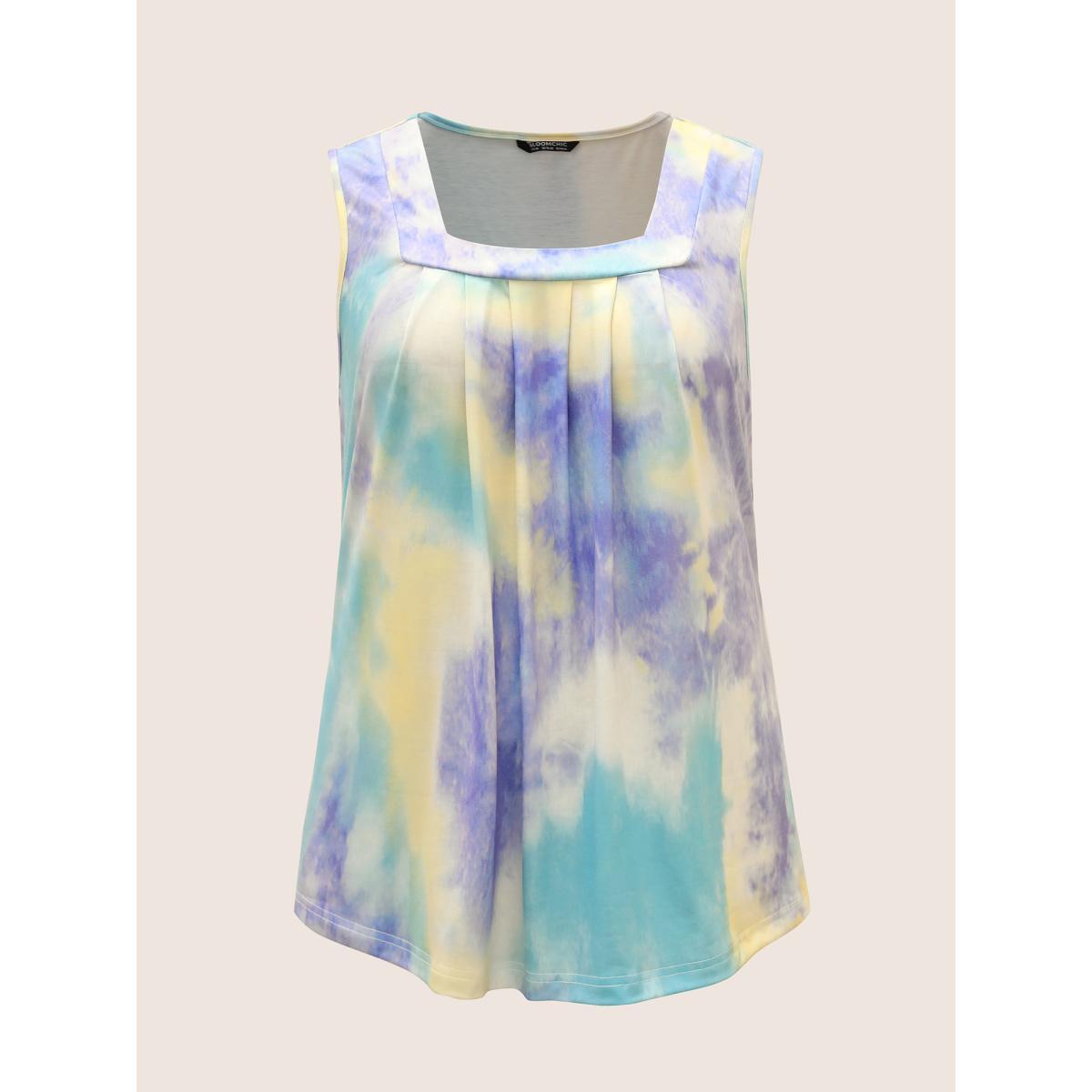 Plus Size Tie Dye U Neck Pleated Tank Top Women Multicolor Casual Contrast U-neck Everyday Tank Tops Camis BloomChic 26/4X Product Image