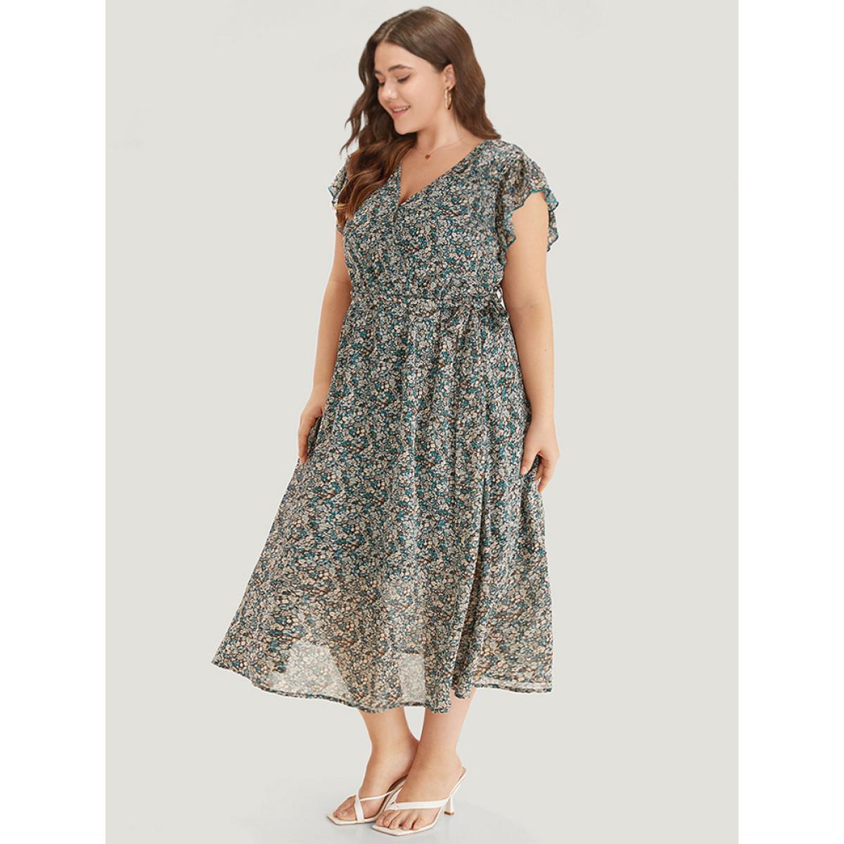 Plus Size Ditsy Floral Surplice Neck Belted Flutter Sleeve Dress Cyan Women Elegant Wrap V-neck Sleeveless Curvy Midi Dress BloomChic 14-16/1X Product Image