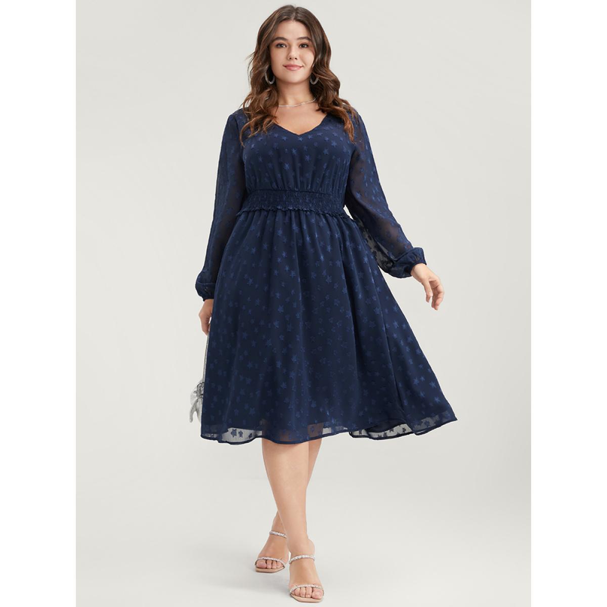 Plus Size Star Print Pocket Lantern Sleeve Shirred Chiffon Dress Navy Women Glamour Elastic Waist V-neck Long Sleeve Curvy Knee Dress BloomChic 30/6X Product Image
