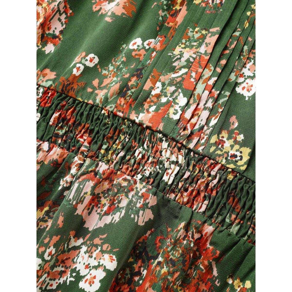 Plus Size Floral Print Flutter Sleeve Shirred Pleated Dress DarkGreen Women Elegant Non V-neck Elbow-length sleeve Curvy Midi Dress BloomChic 12/L Product Image