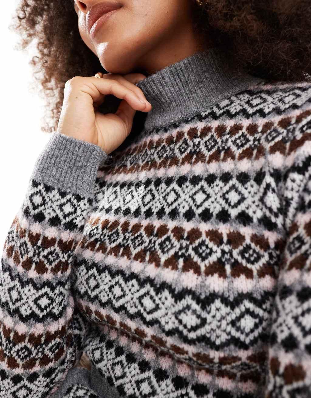 Bershka high neck fairisle sweater in gray Product Image