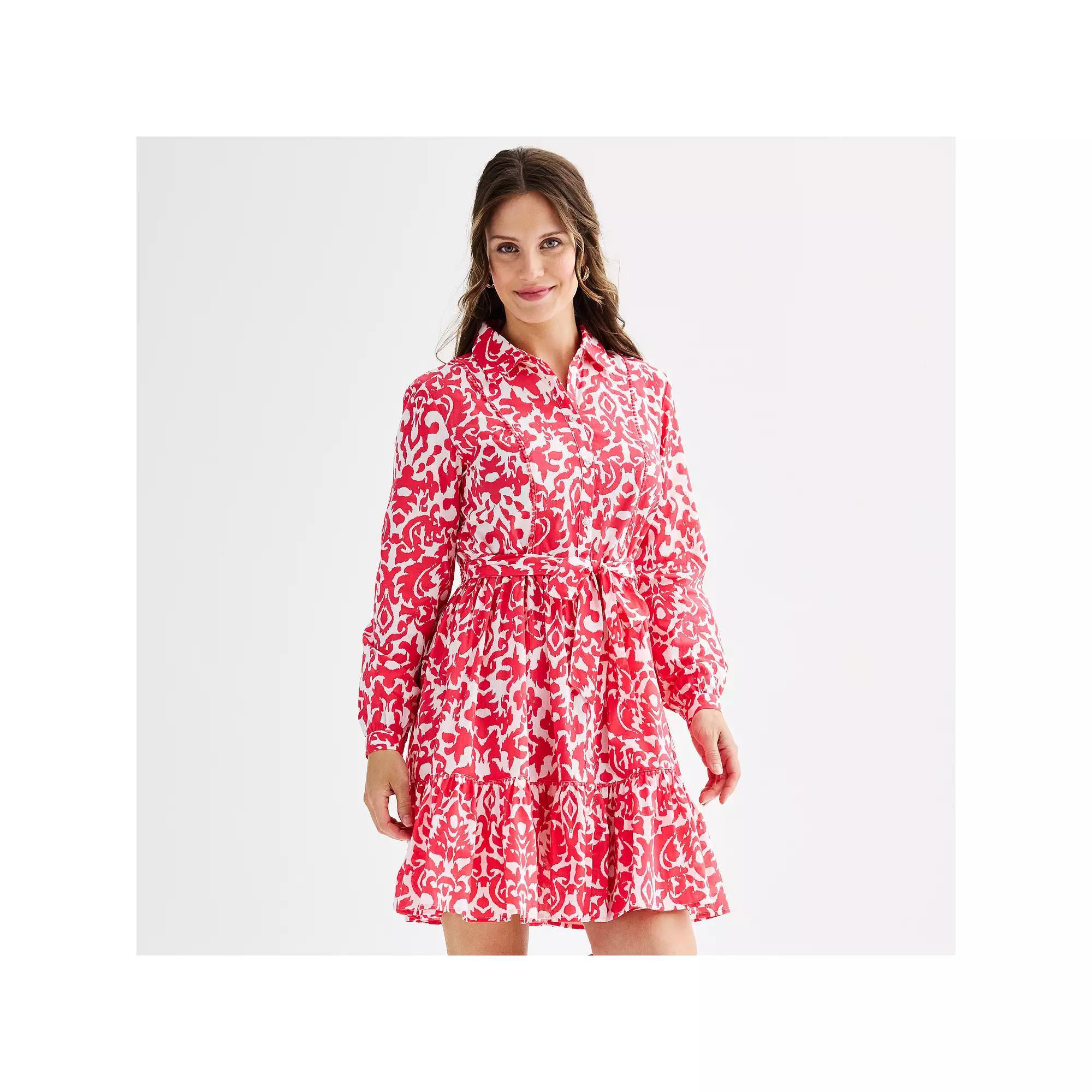 Women's Ellen Tracy Shirt Dress with Self Tie and Ruffle Hem, Size: XS, Geranium Damask Product Image
