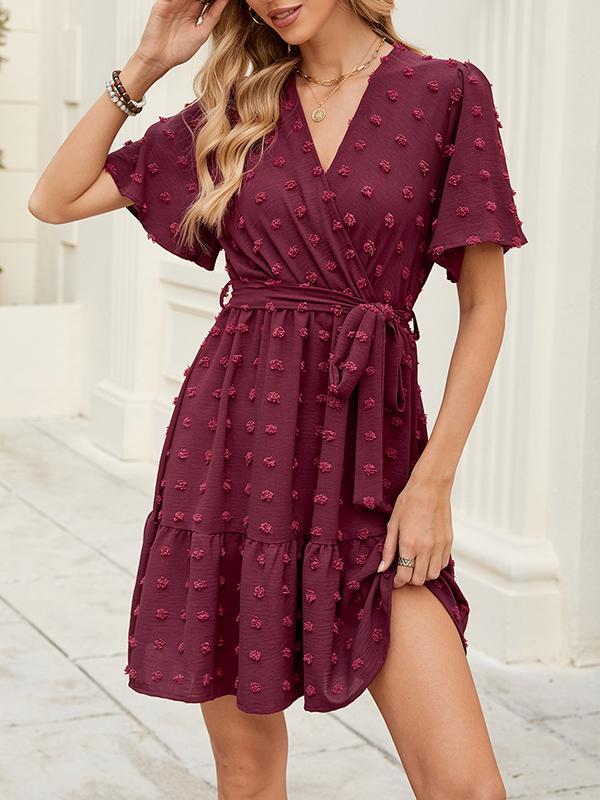 A-Line Flared Sleeves Jacquard Pleated Solid Color Tied Waist V-Neck Mini Dresses Product Image