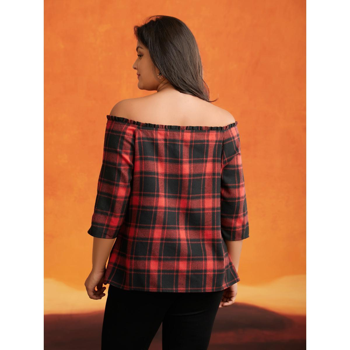 Plus Size Scarlet Mystic Off-Shoulder Slimming Tie Plaid Blouse Women Elegant Elbow-length sleeve One-shoulder neck Everyday Blouses BloomChic 14-16/1X Product Image