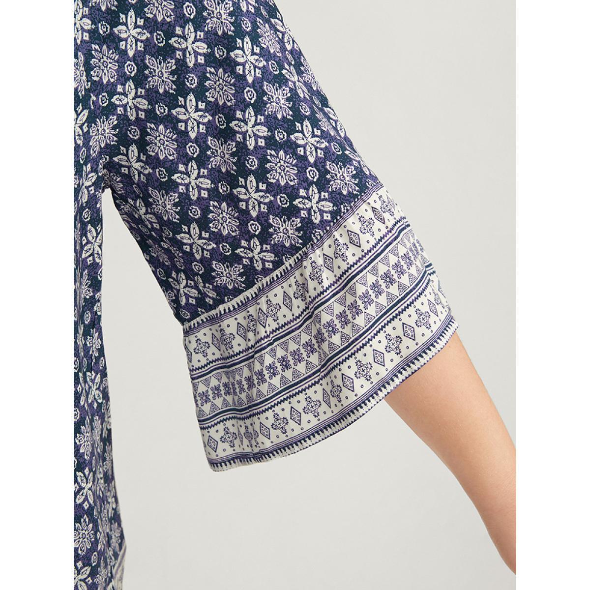 Plus Size Eggplant Floral Print Bell Sleeve Knotted Round Neck Blouse Women Vacation Elbow-length sleeve Round Neck Dailywear Blouses BloomChic 12/L Product Image