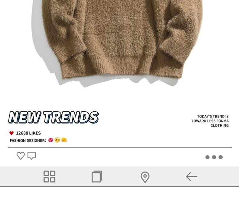 Long-Sleeve Crew Neck Letter Embroidered Fluffy Sweater Product Image