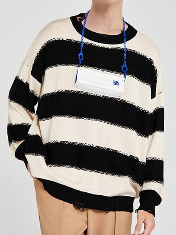 Men's Stripe Tattered Baggy Sweater Product Image