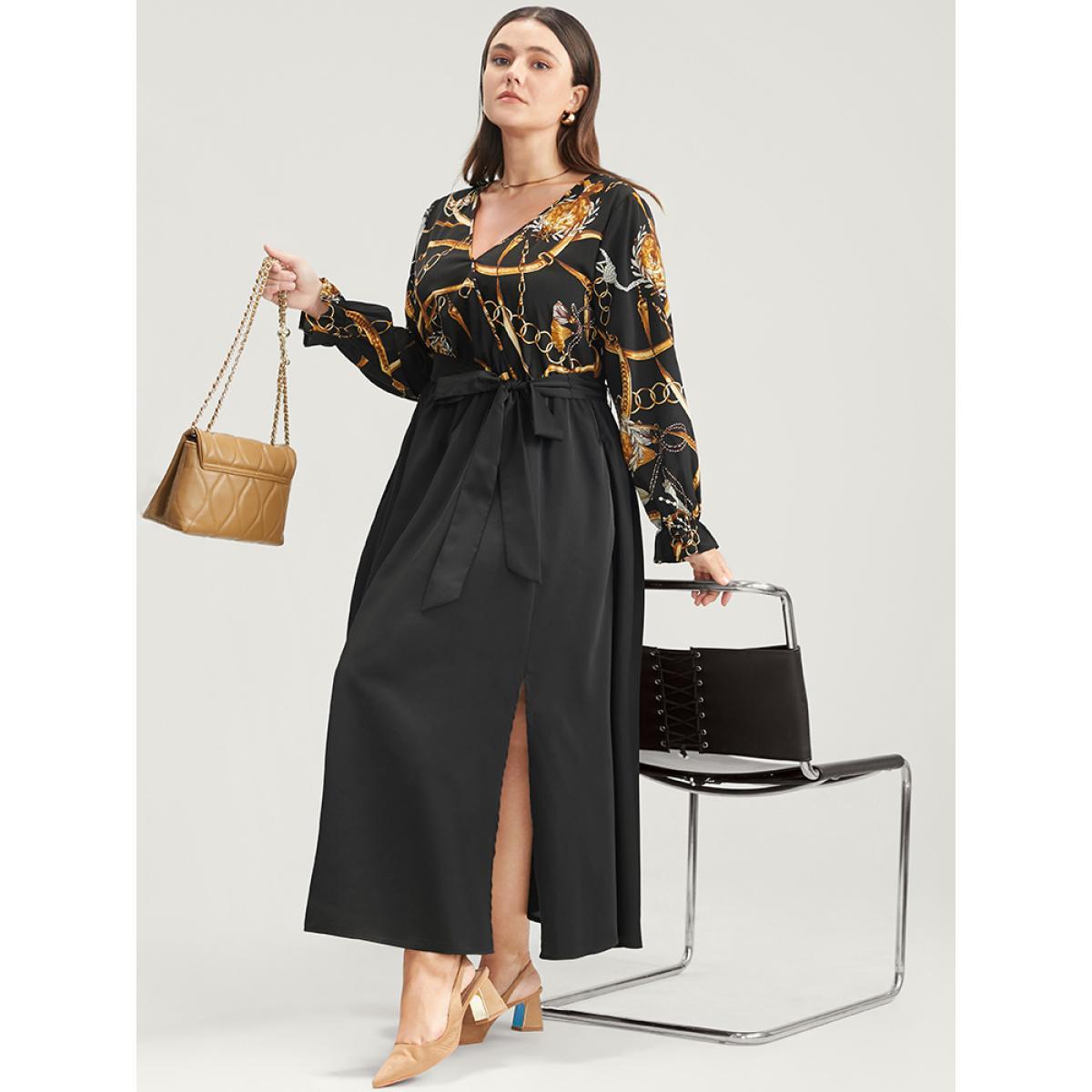 Plus Size Chain Print V Neck Pocket Lantern Sleeve Belted Split Dress Black Women Elegant Pocket V-neck Long Sleeve Curvy Midi Dress BloomChic 26/4X Product Image