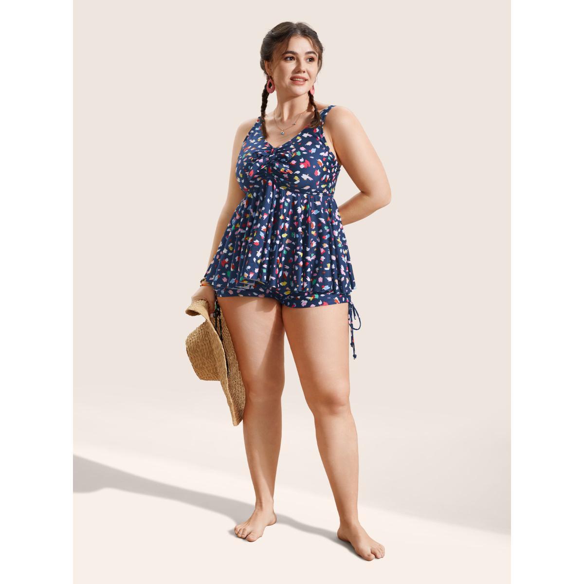 Plus Size Allover Print V Neck Gathered Swim Top Women's Swimwear Aegean Beach Gathered High stretch Bodycon V-neck Curve Swim Tops BloomChic 30/6X Product Image