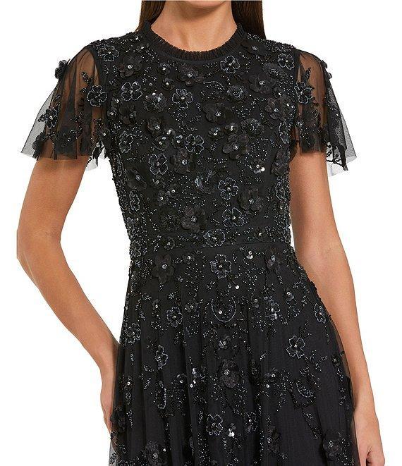 Mac Duggal Beaded Crew Neck Short Sleeve A-Line Midi Dress Product Image