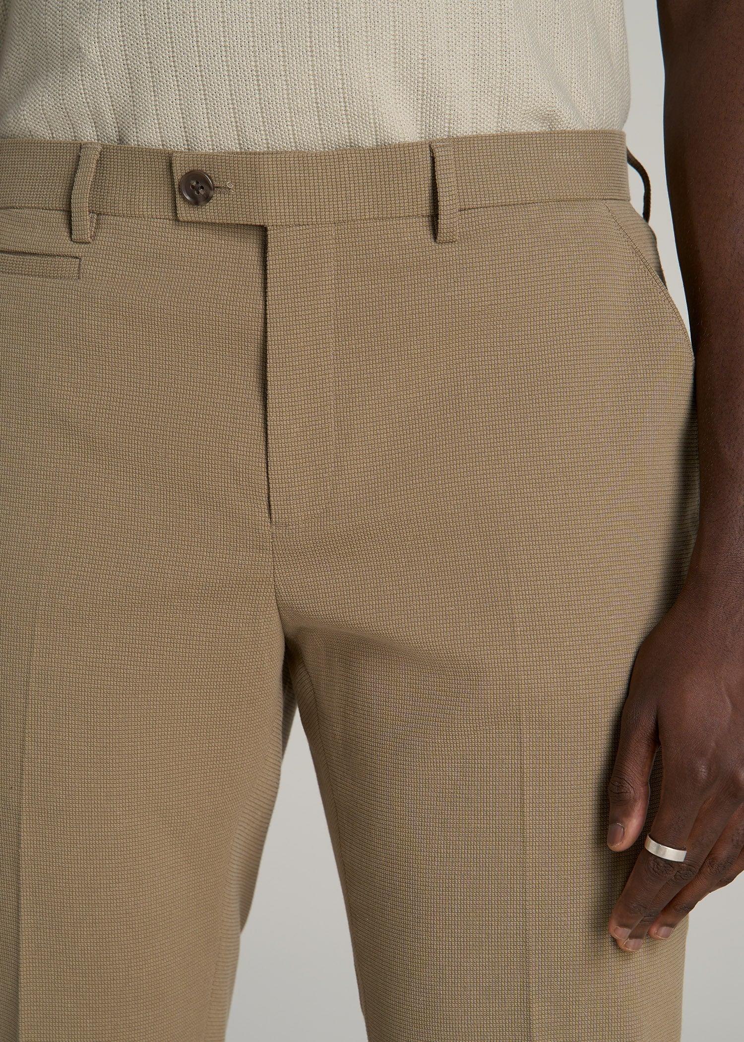 Textured Garment Washed Stretch Cotton Suit Pants for Tall Men in Desert Khaki Product Image