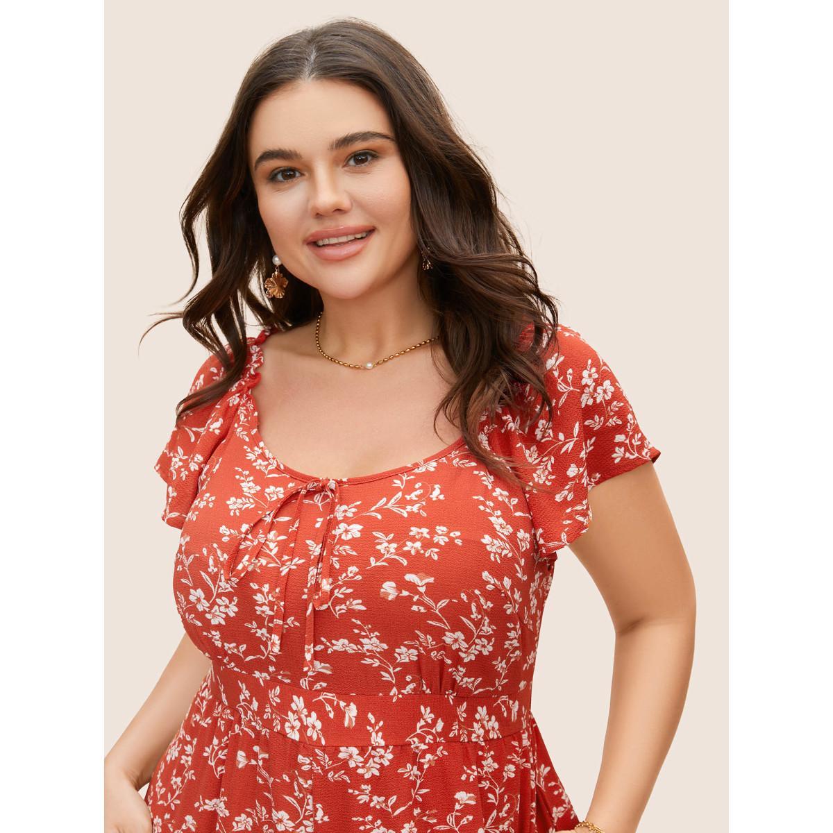 Plus Size Rust Crew Neck Ditsy Floral Tie Knot Jumpsuit Women Elegant Cap Sleeve Round Neck Everyday Loose Jumpsuits BloomChic 28/5X Product Image